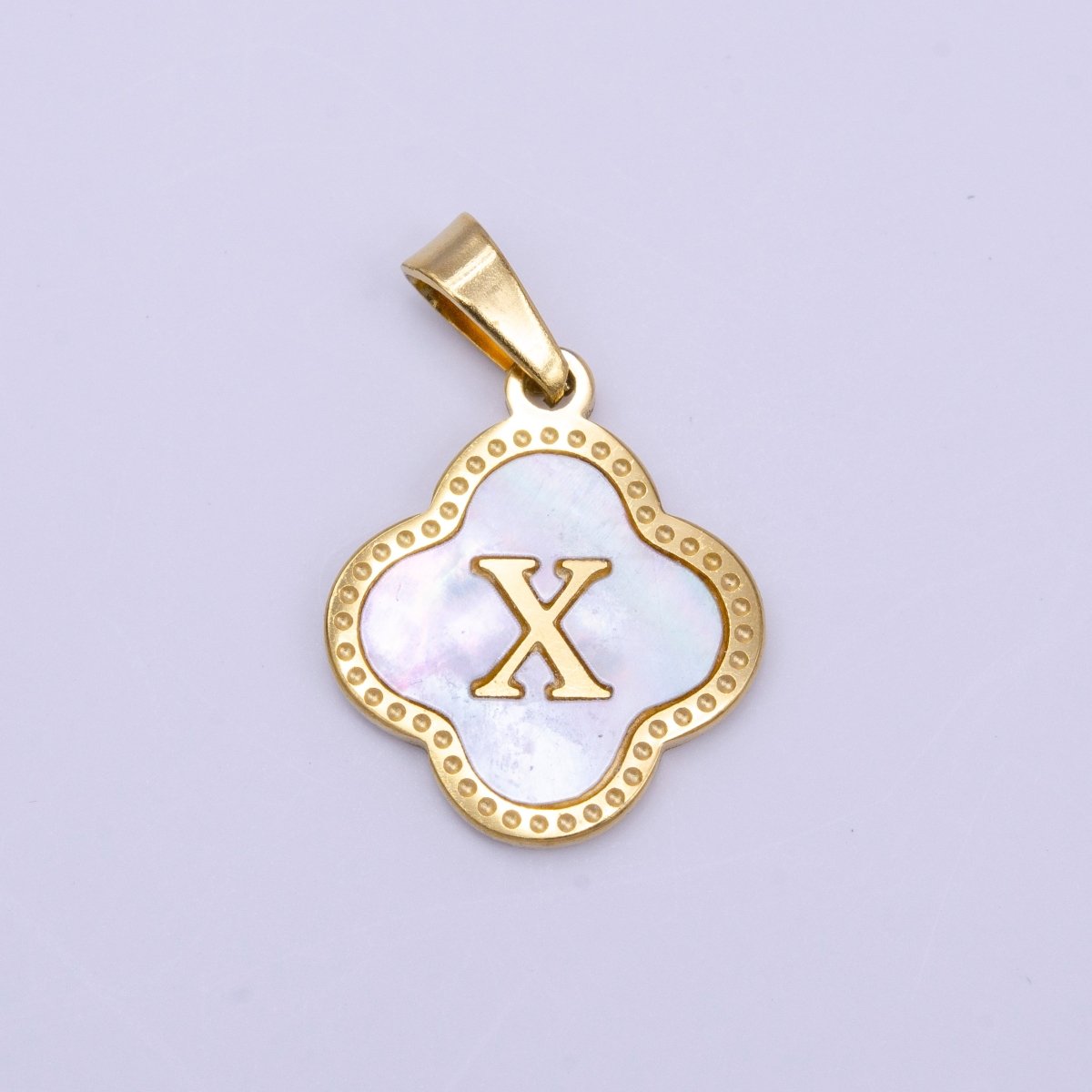Stainless Steel A-Z Initial Letter Shell Pearl Quatrefoil Clover Gold Pendant | A-741-A-753
