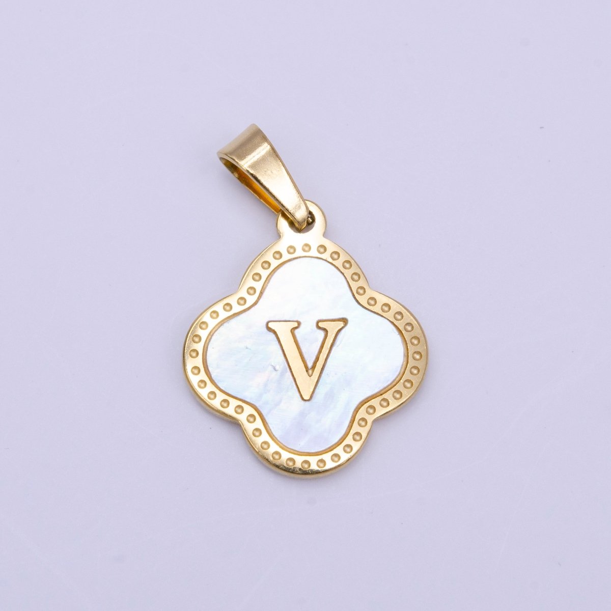 Stainless Steel A-Z Initial Letter Shell Pearl Quatrefoil Clover Gold Pendant | A-741-A-753