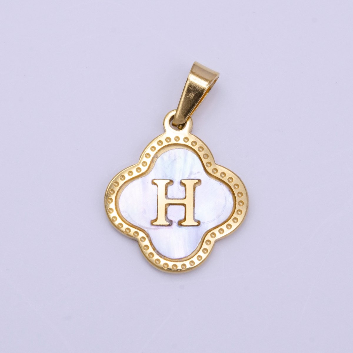 Stainless Steel A-Z Initial Letter Shell Pearl Quatrefoil Clover Gold Pendant | A-741-A-753