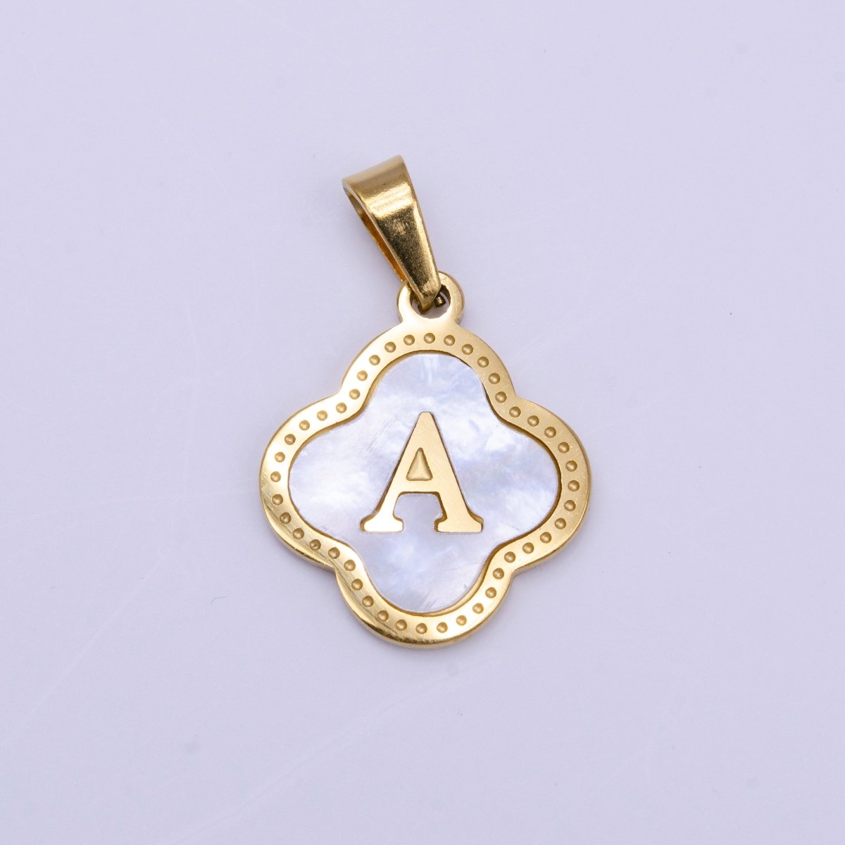 Stainless Steel A-Z Initial Letter Shell Pearl Quatrefoil Clover Gold Pendant | A-741-A-753