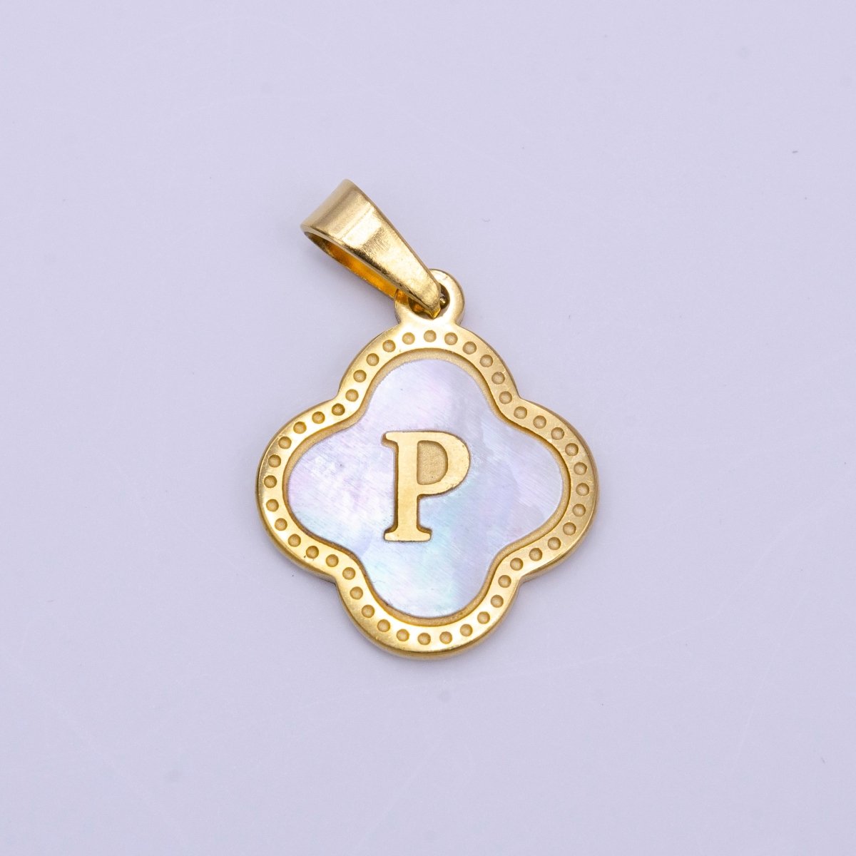 Stainless Steel A-Z Initial Letter Shell Pearl Quatrefoil Clover Gold Pendant | A-741-A-753