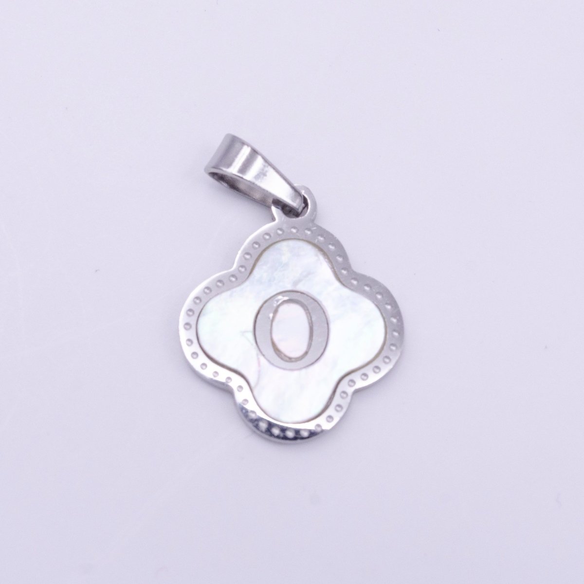 Stainless Steel A-Z Initial Letter Shell Pearl Quatrefoil Clover Silver Pendant Lucky Charm | A-754-A-766