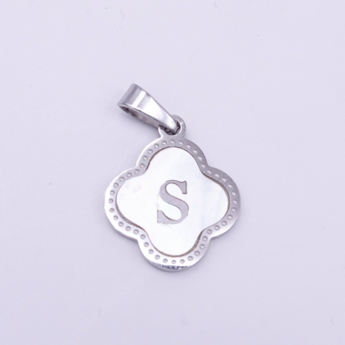 Stainless Steel A-Z Initial Letter Shell Pearl Quatrefoil Clover Silver Pendant Lucky Charm | A-754-A-766
