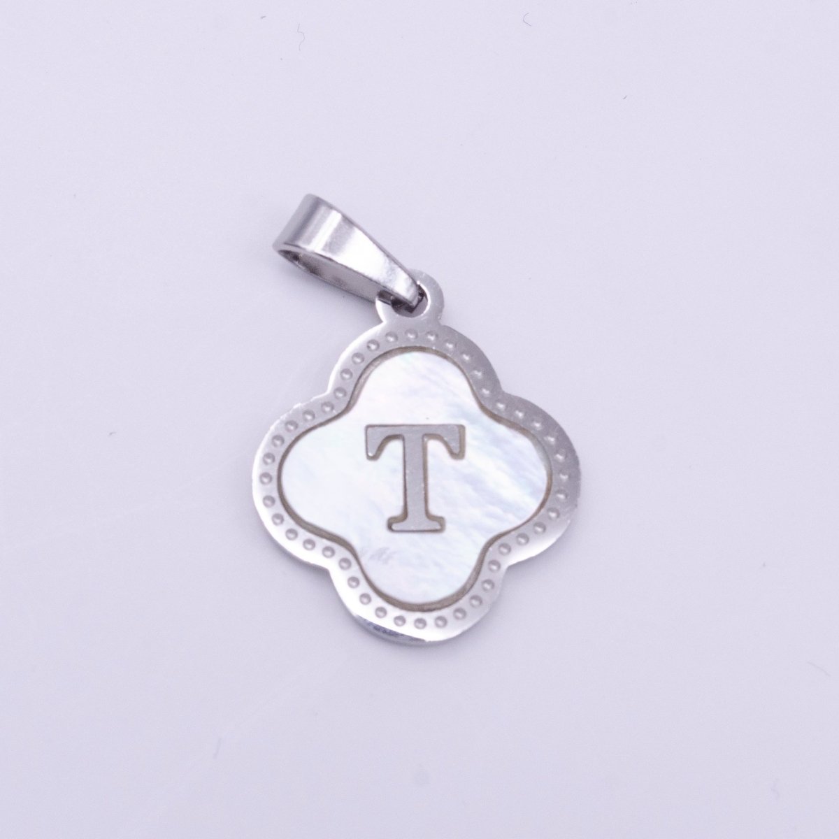 Stainless Steel A-Z Initial Letter Shell Pearl Quatrefoil Clover Silver Pendant Lucky Charm | A-754-A-766