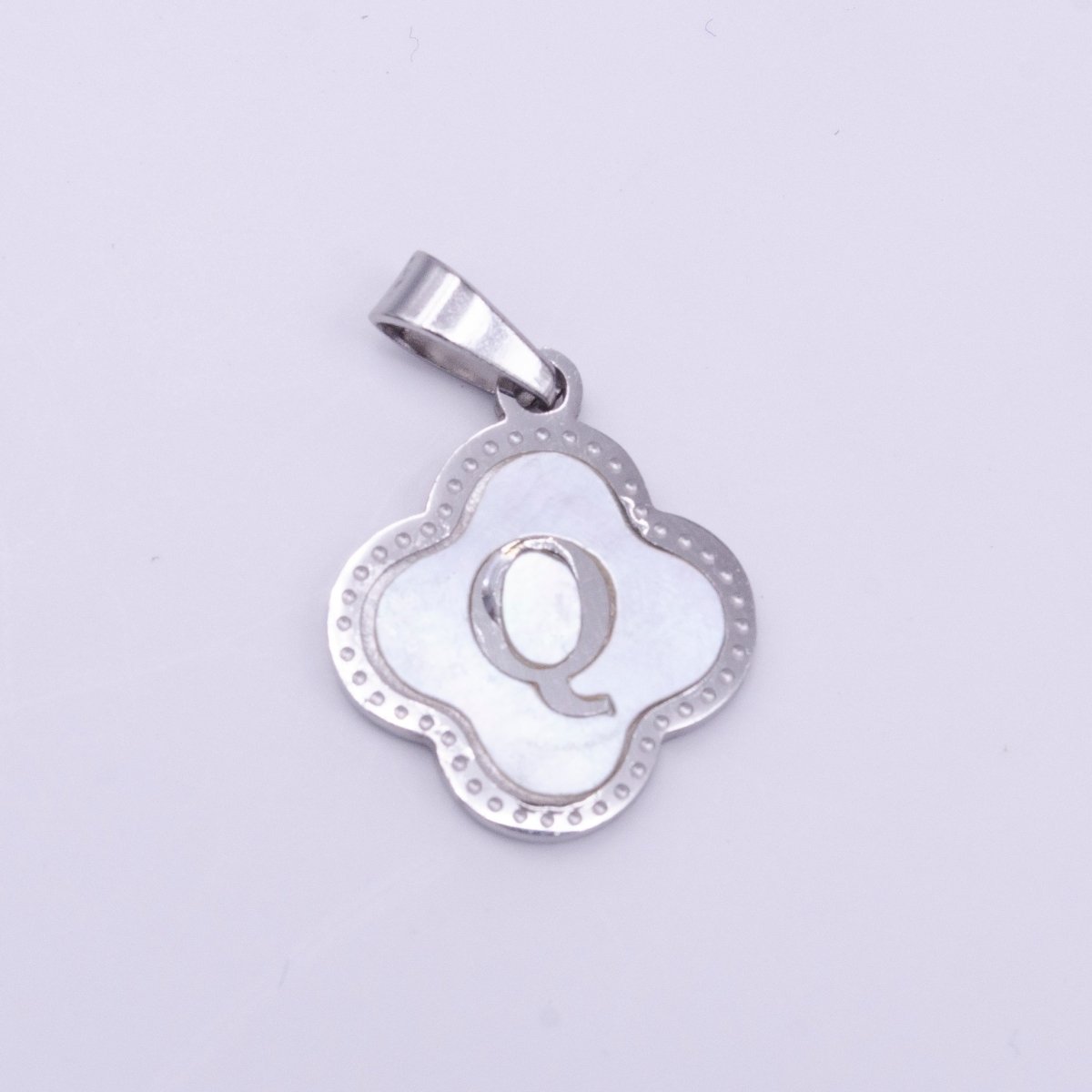 Stainless Steel A-Z Initial Letter Shell Pearl Quatrefoil Clover Silver Pendant Lucky Charm | A-754-A-766