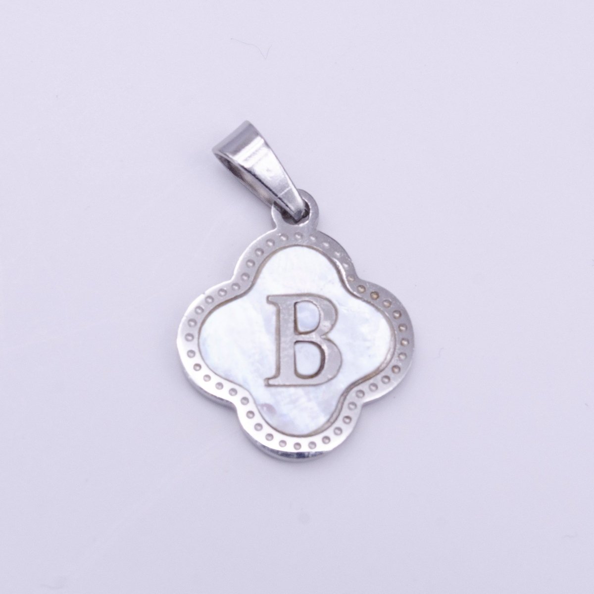 Stainless Steel A-Z Initial Letter Shell Pearl Quatrefoil Clover Silver Pendant Lucky Charm | A-754-A-766
