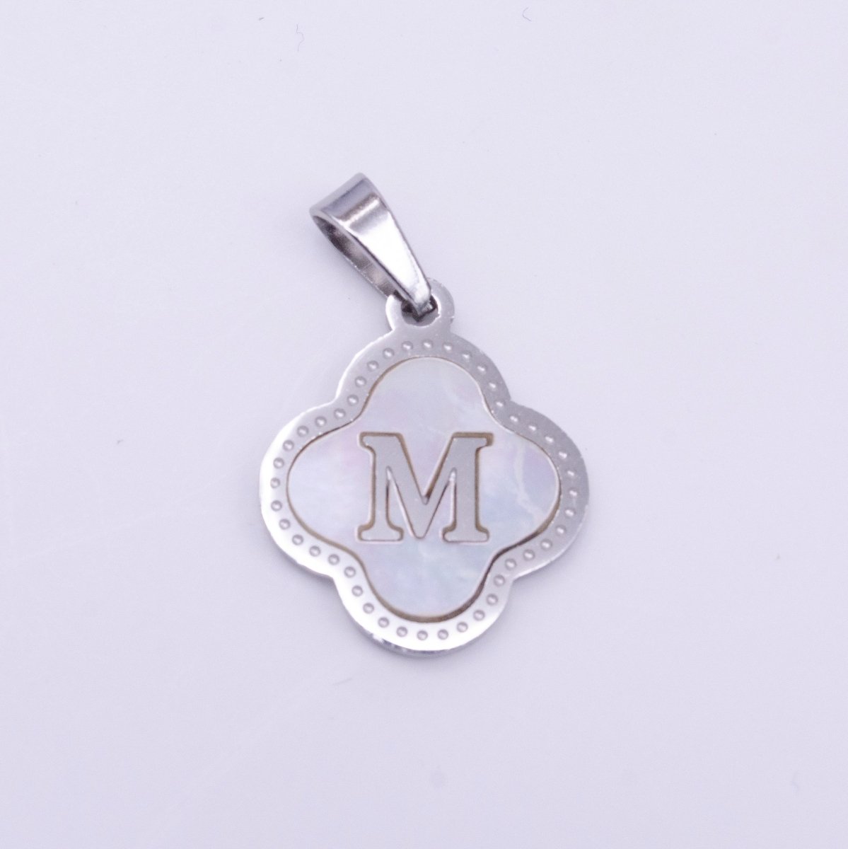 Stainless Steel A-Z Initial Letter Shell Pearl Quatrefoil Clover Silver Pendant Lucky Charm | A-754-A-766