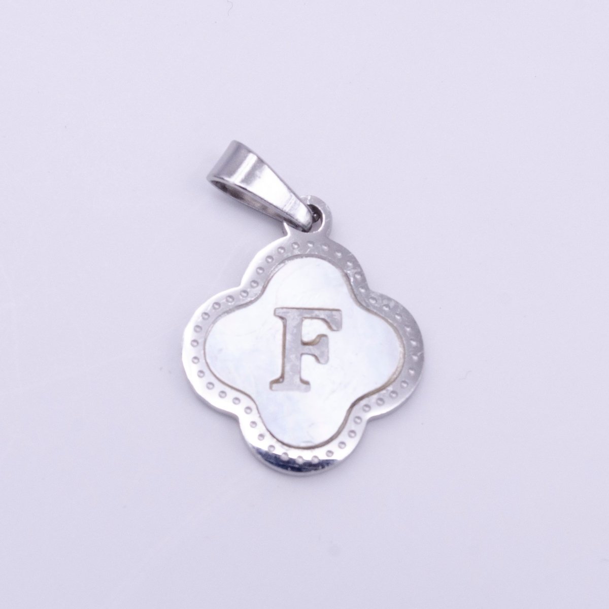 Stainless Steel A-Z Initial Letter Shell Pearl Quatrefoil Clover Silver Pendant Lucky Charm | A-754-A-766
