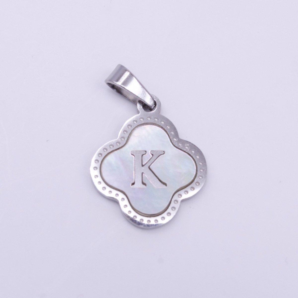 Stainless Steel A-Z Initial Letter Shell Pearl Quatrefoil Clover Silver Pendant Lucky Charm | A-754-A-766