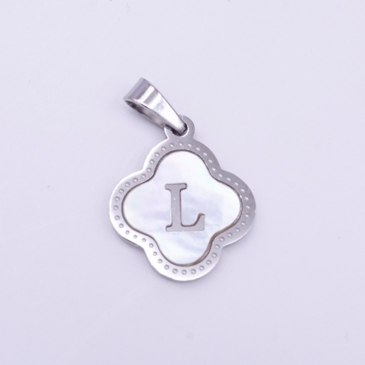 Stainless Steel A-Z Initial Letter Shell Pearl Quatrefoil Clover Silver Pendant Lucky Charm | A-754-A-766