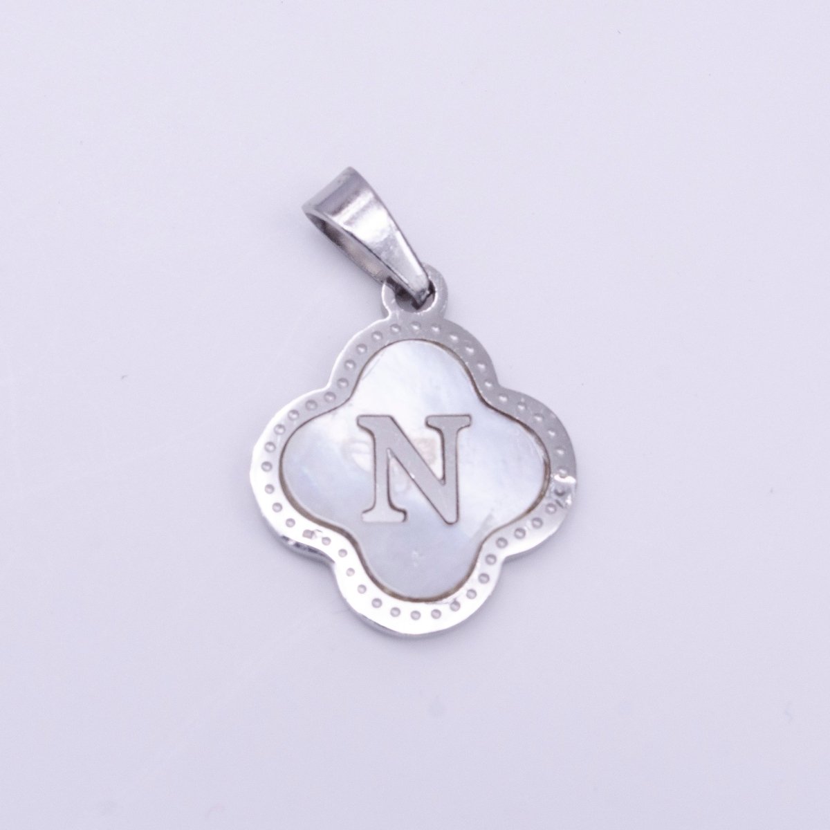 Stainless Steel A-Z Initial Letter Shell Pearl Quatrefoil Clover Silver Pendant Lucky Charm | A-754-A-766