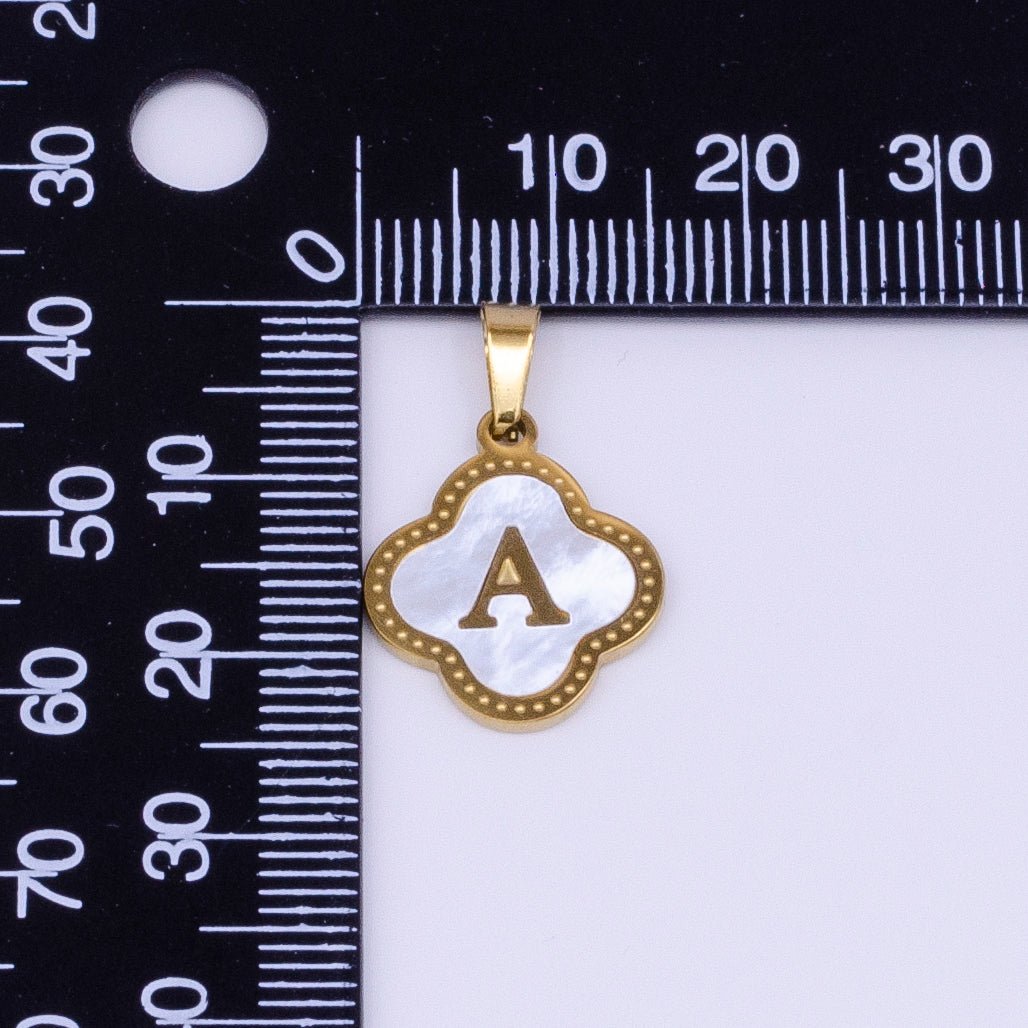 Stainless Steel A-Z Initial Letter Shell Pearl Quatrefoil Clover Silver Pendant Lucky Charm | A-754-A-766