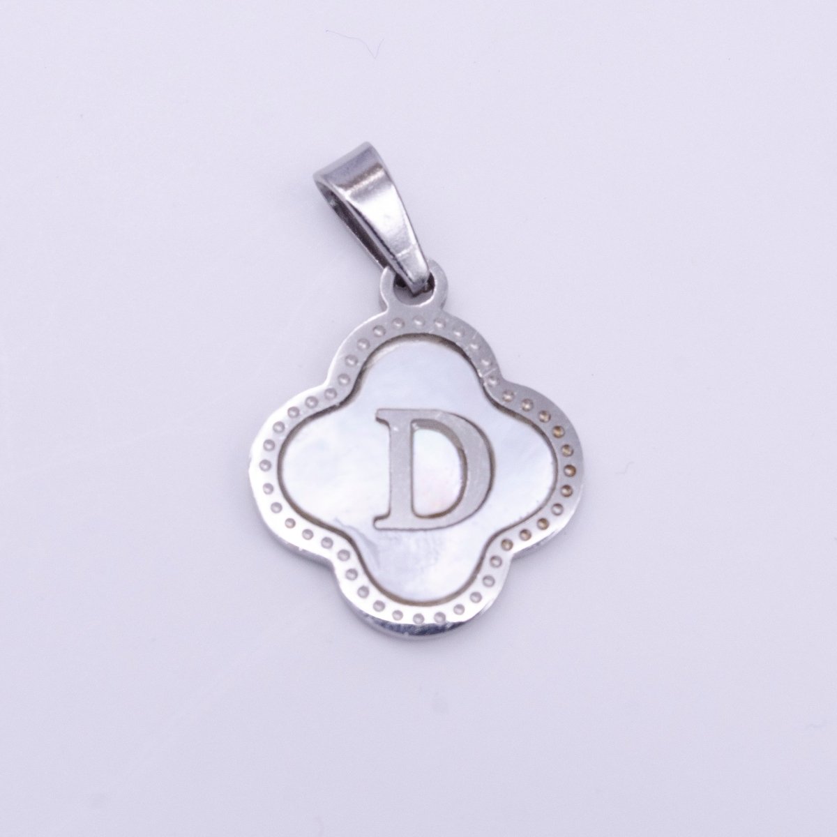Stainless Steel A-Z Initial Letter Shell Pearl Quatrefoil Clover Silver Pendant Lucky Charm | A-754-A-766