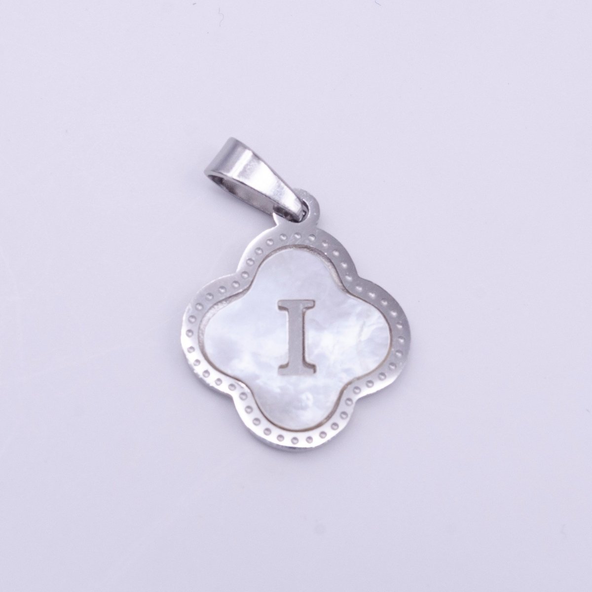 Stainless Steel A-Z Initial Letter Shell Pearl Quatrefoil Clover Silver Pendant Lucky Charm | A-754-A-766