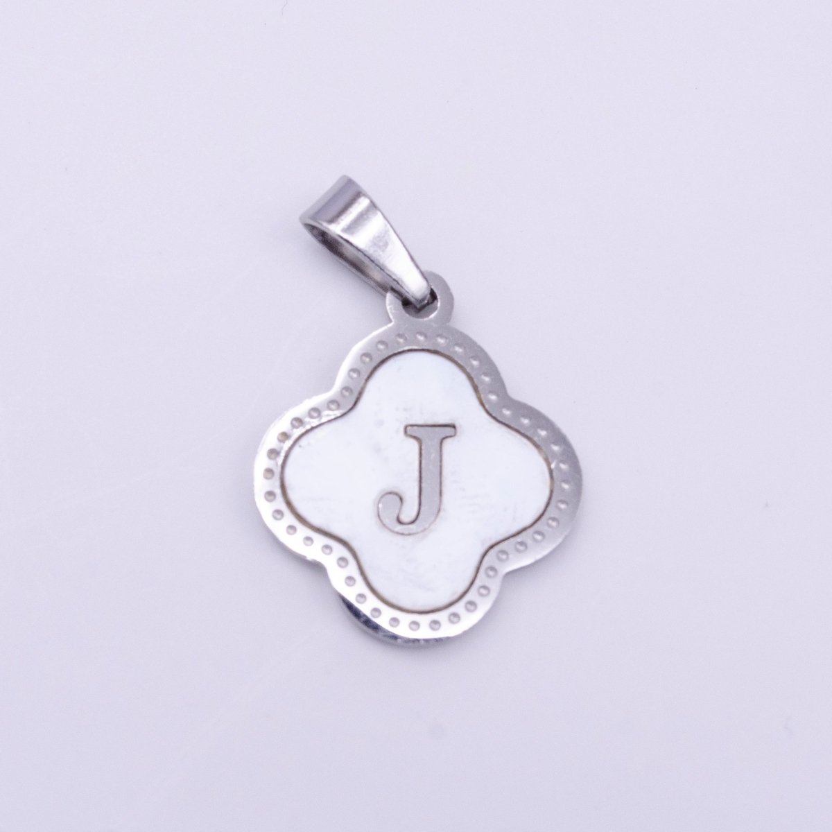Stainless Steel A-Z Initial Letter Shell Pearl Quatrefoil Clover Silver Pendant Lucky Charm | A-754-A-766
