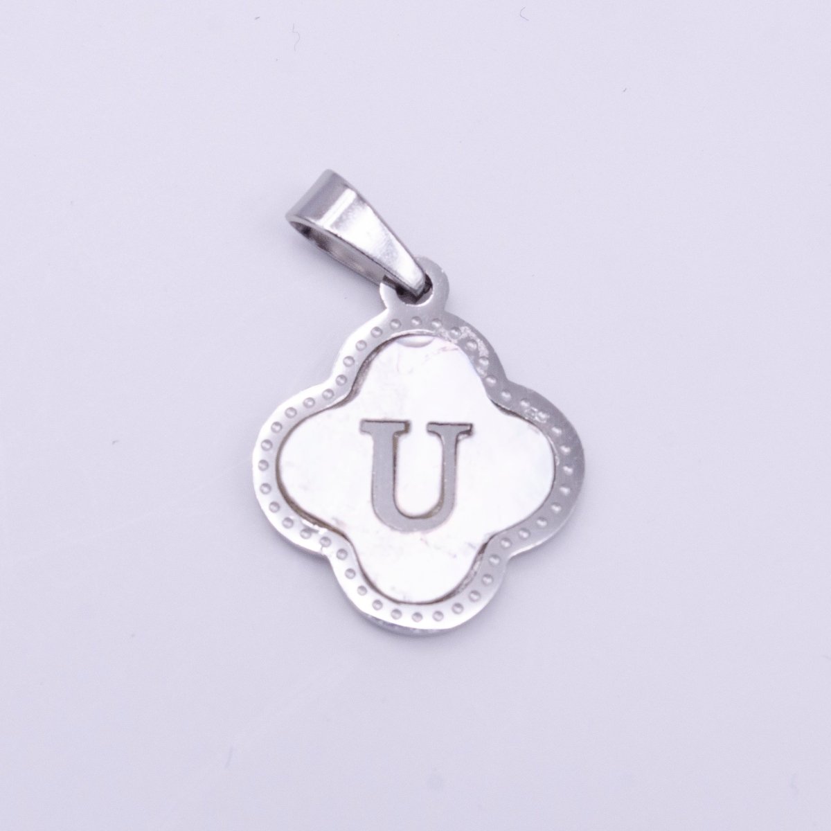 Stainless Steel A-Z Initial Letter Shell Pearl Quatrefoil Clover Silver Pendant Lucky Charm | A-754-A-766
