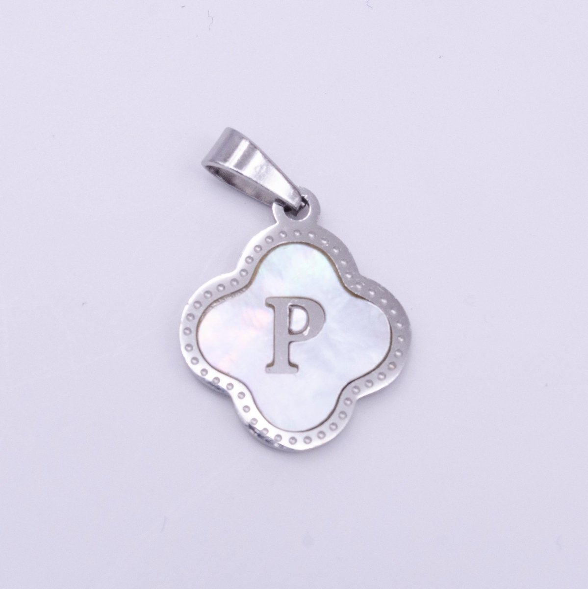 Stainless Steel A-Z Initial Letter Shell Pearl Quatrefoil Clover Silver Pendant Lucky Charm | A-754-A-766