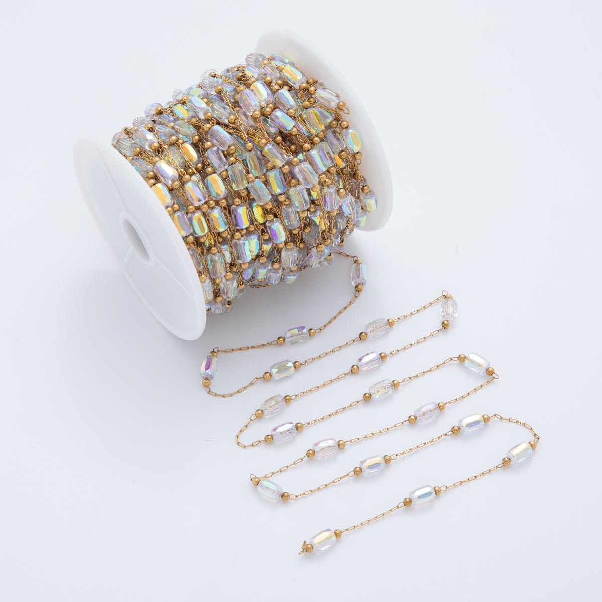 Stainless Steel AB Multifaceted Oblong Gemstone Paperclip Unfinished Chain by Yard | Roll - 1609 - DLUXCA