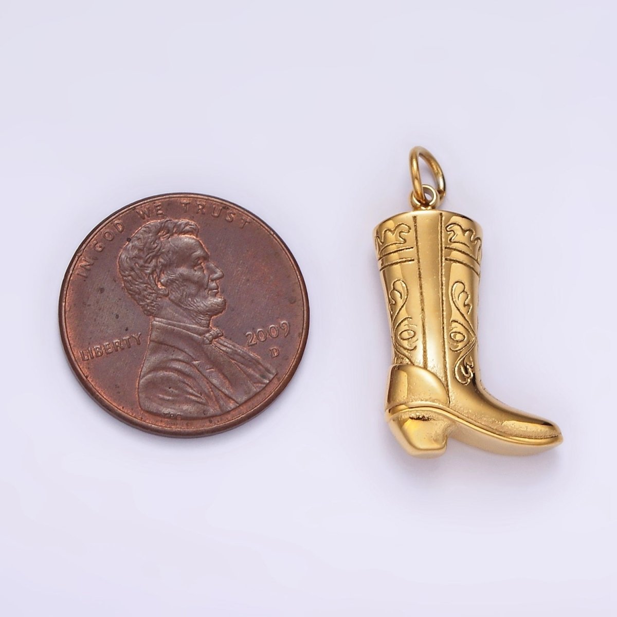 Stainless Steel Artisan Engraved Puffed Cowboy Boots Shoes Charm in Gold & Silver | P1273