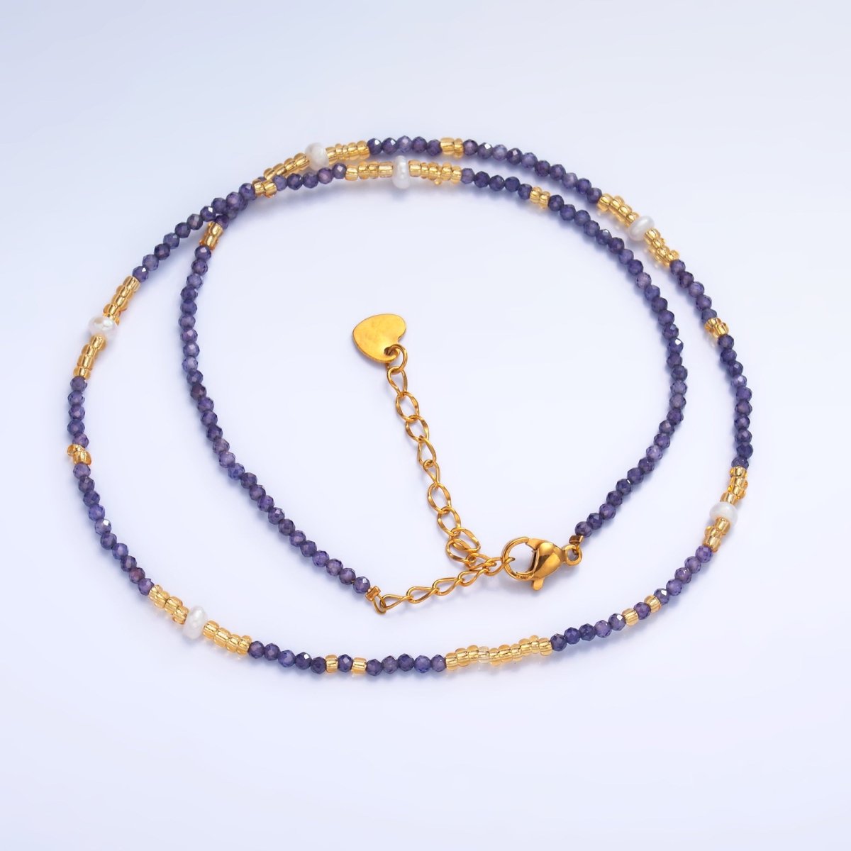 Stainless Steel Bead Purple Amethyst Crystal Natural Gemstone 16 Inch Choker Necklace | WA - 3111 - DLUXCA