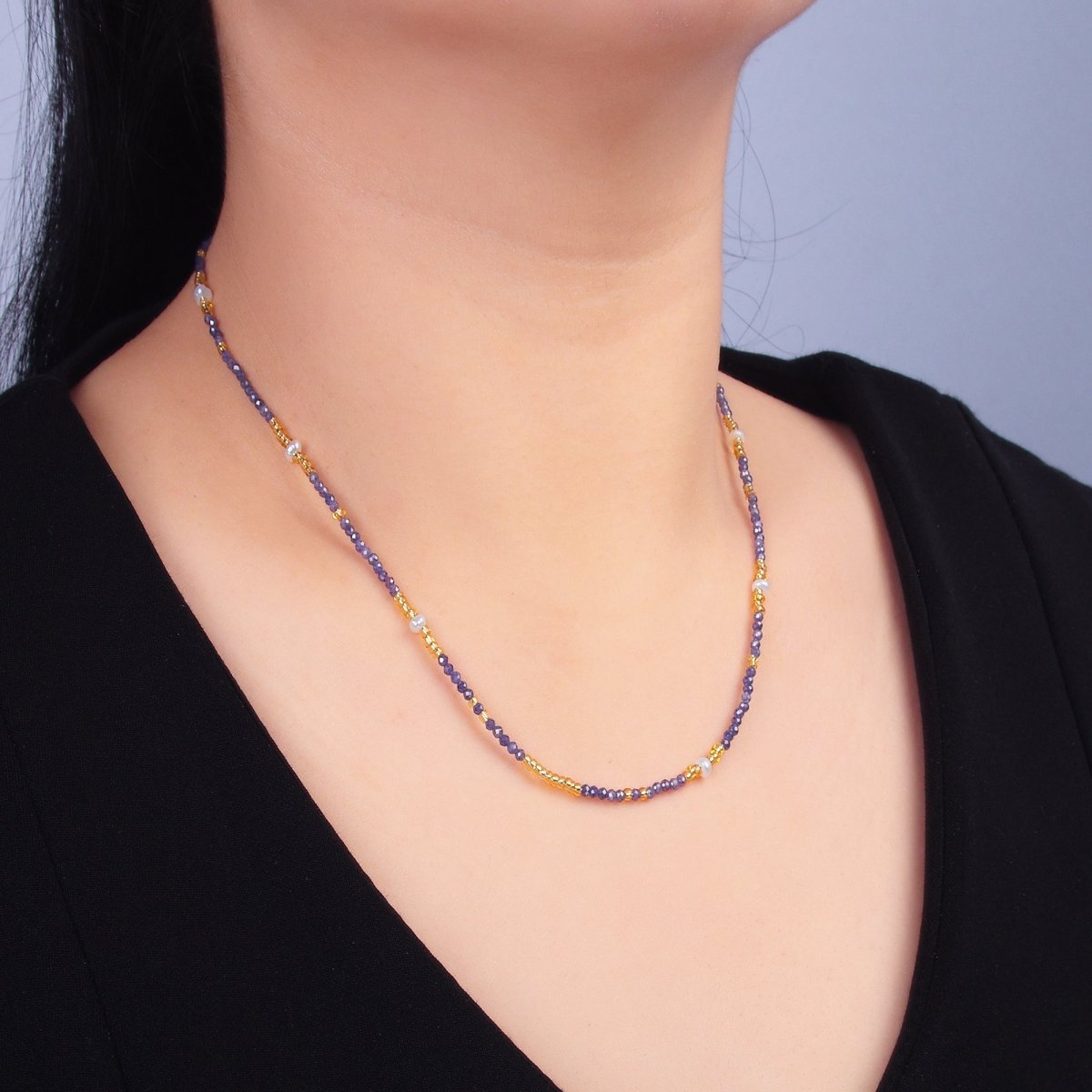 Stainless Steel Bead Purple Amethyst Crystal Natural Gemstone 16 Inch Choker Necklace | WA - 3111 - DLUXCA