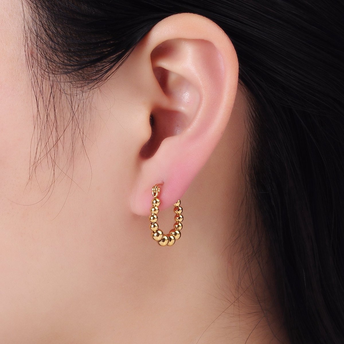 Stainless Steel Beaded Bubble Latch Hoop Earrings in Gold & Silver | AB1394 AB1395