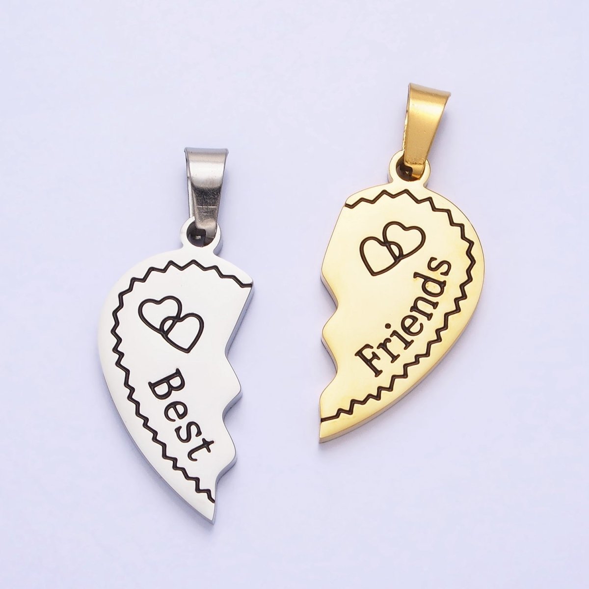 Stainless Steel "Best Friend" Script Engraved Hearts Mixed Metal Friendship Pendant Set | P-1128 - DLUXCA