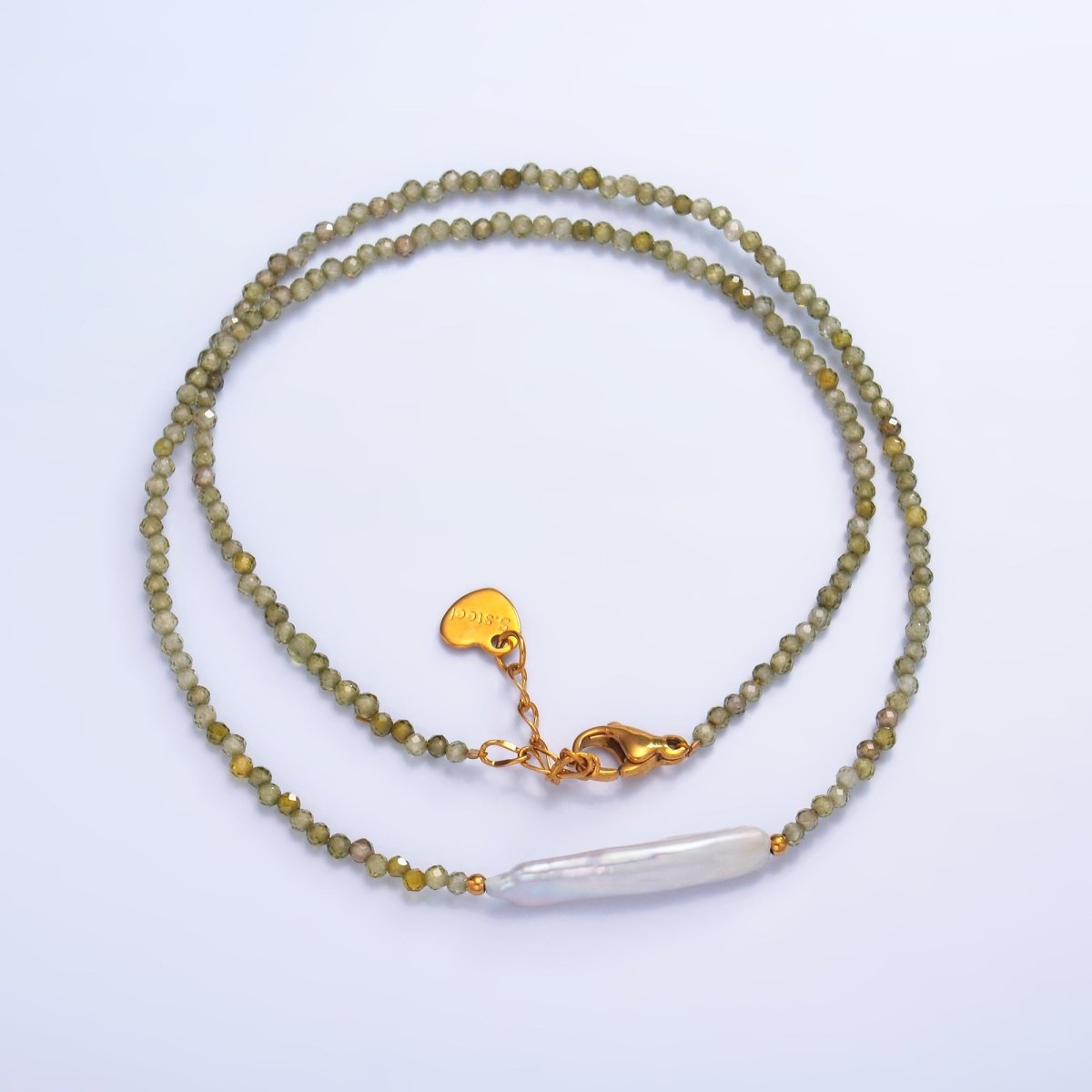 Stainless Steel Biwa Freshwater Pearl Multifaceted Crystal Gemstone 15 Inch Choker Necklace | WA - 3105 - DLUXCA