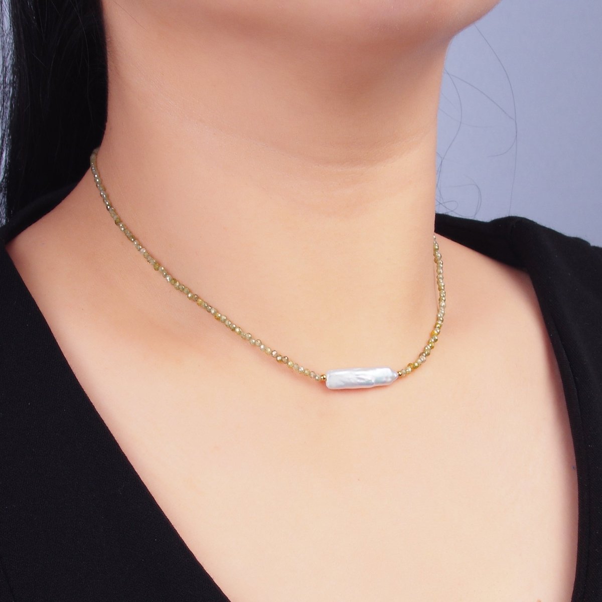 Stainless Steel Biwa Freshwater Pearl Multifaceted Crystal Gemstone 15 Inch Choker Necklace | WA - 3105 - DLUXCA