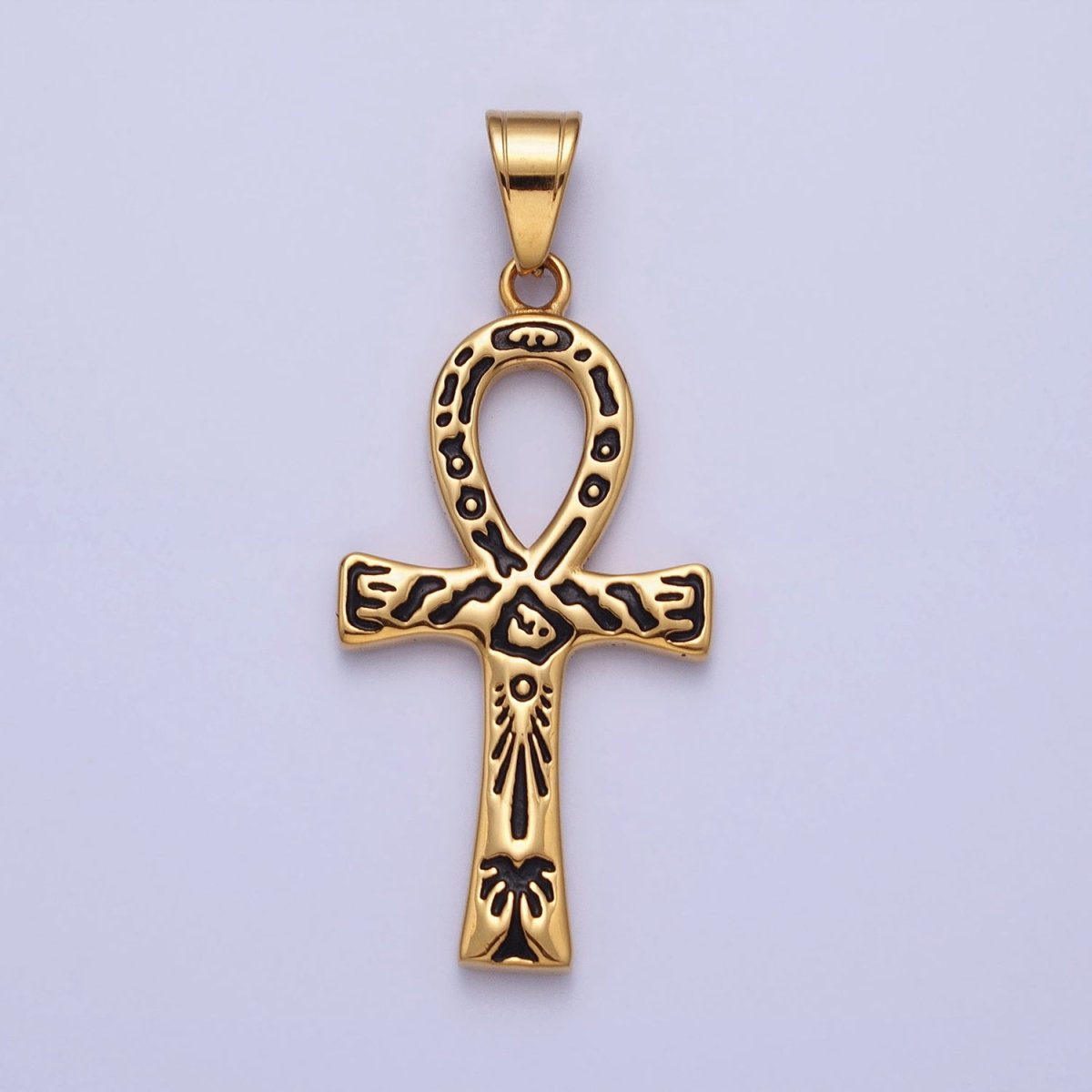 Stainless Steel Black Ceremony Carving Egyptian Ankh Key Cross Gold Pendant J-785 - DLUXCA