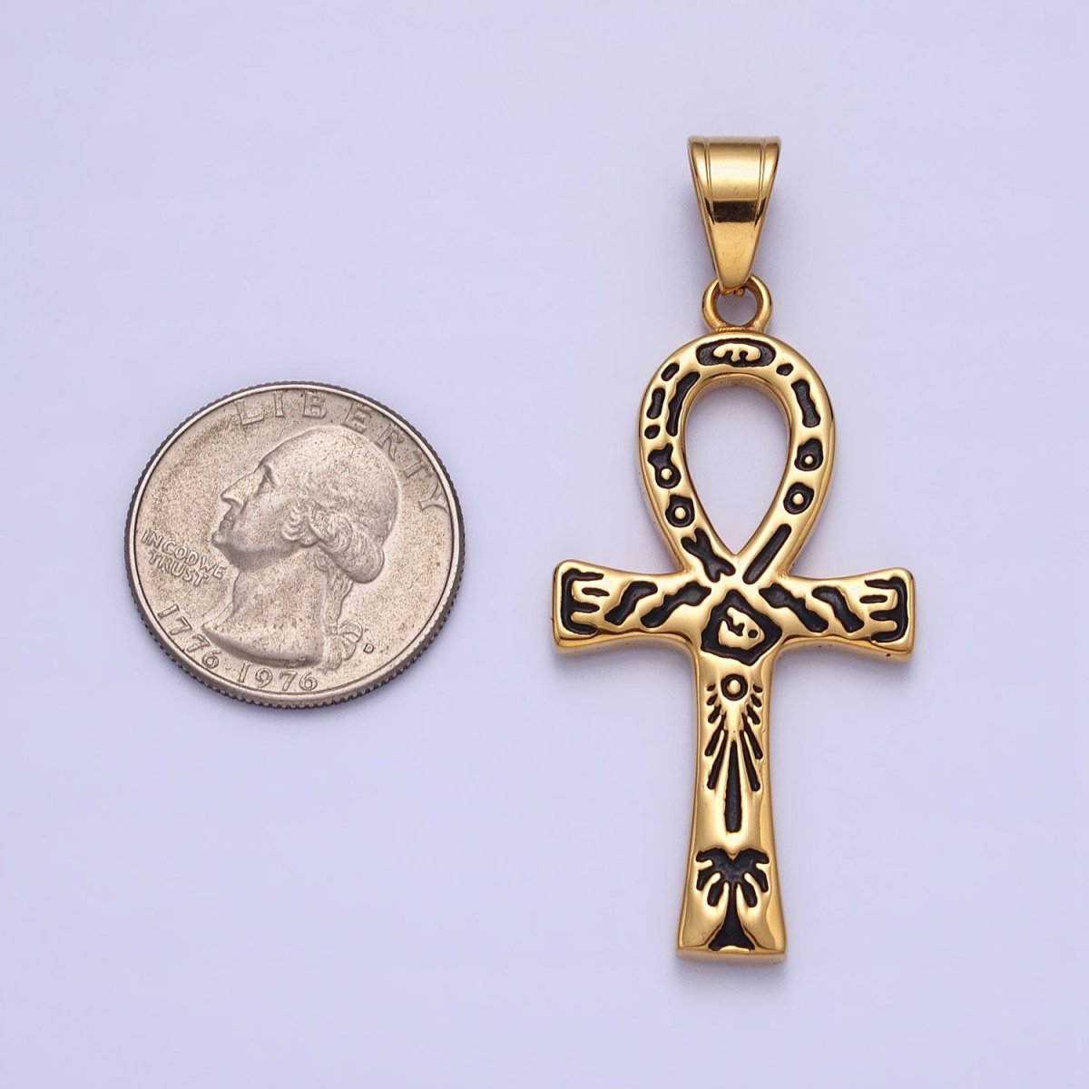 Stainless Steel Black Ceremony Carving Egyptian Ankh Key Cross Gold Pendant J-785 - DLUXCA