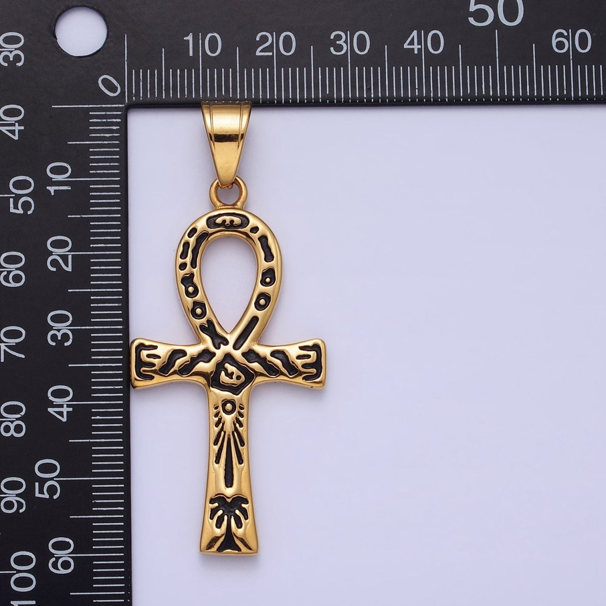 Stainless Steel Black Ceremony Carving Egyptian Ankh Key Cross Gold Pendant J-785 - DLUXCA