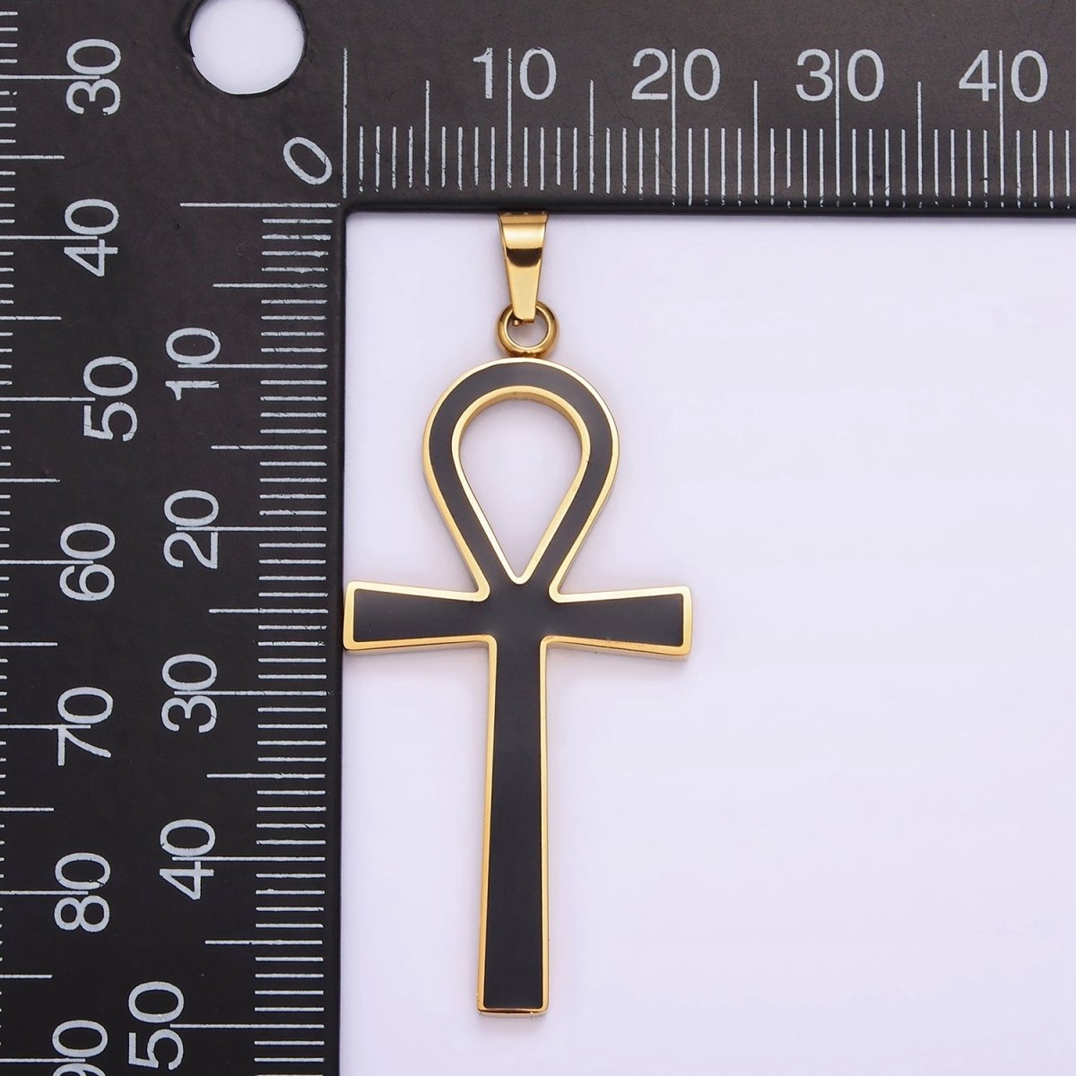 Stainless Steel Black Enamel Lined Egyptian Ankh Cross Pendant in Gold & Silver | P-755