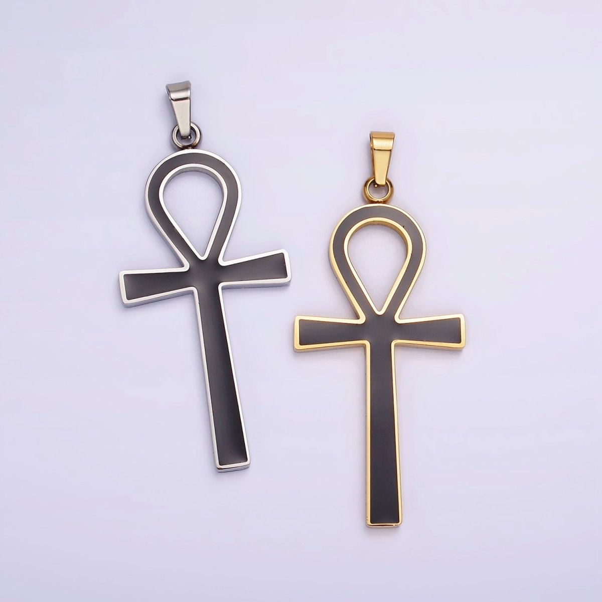 Stainless Steel Black Enamel Lined Egyptian Ankh Cross Pendant in Gold & Silver | P-755