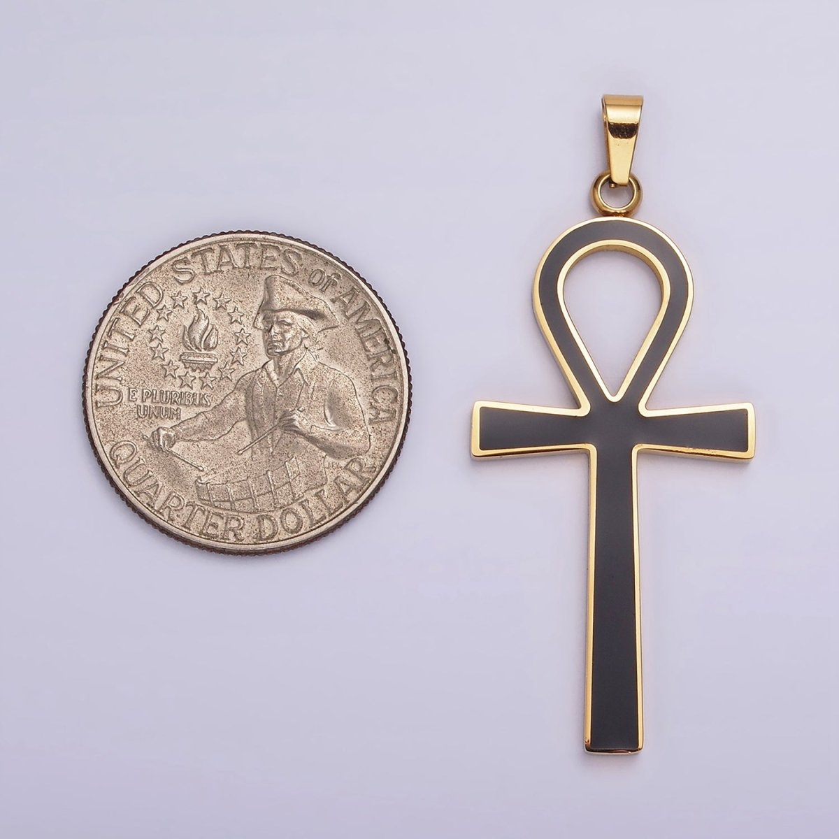 Stainless Steel Black Enamel Lined Egyptian Ankh Cross Pendant in Gold & Silver | P-755