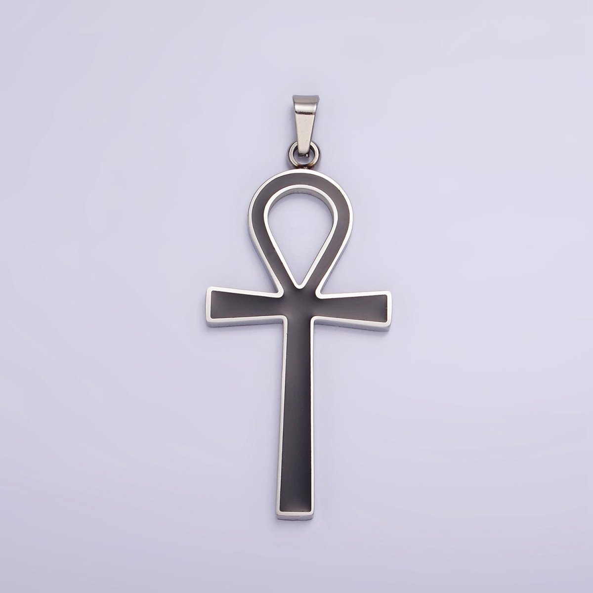Stainless Steel Black Enamel Lined Egyptian Ankh Cross Pendant in Gold & Silver | P-755