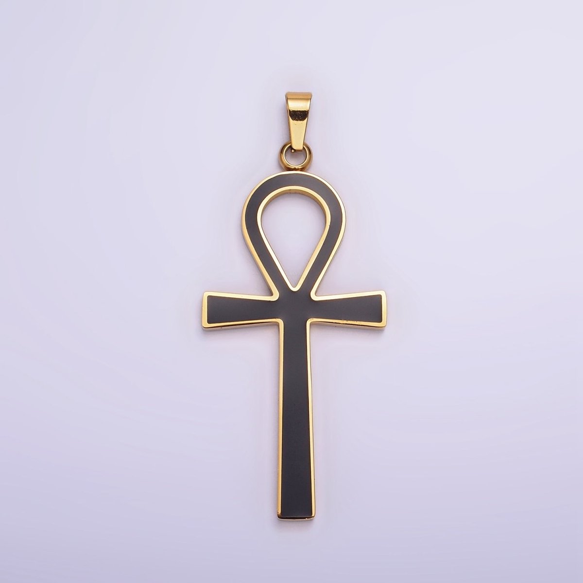 Stainless Steel Black Enamel Lined Egyptian Ankh Cross Pendant in Gold & Silver | P-755
