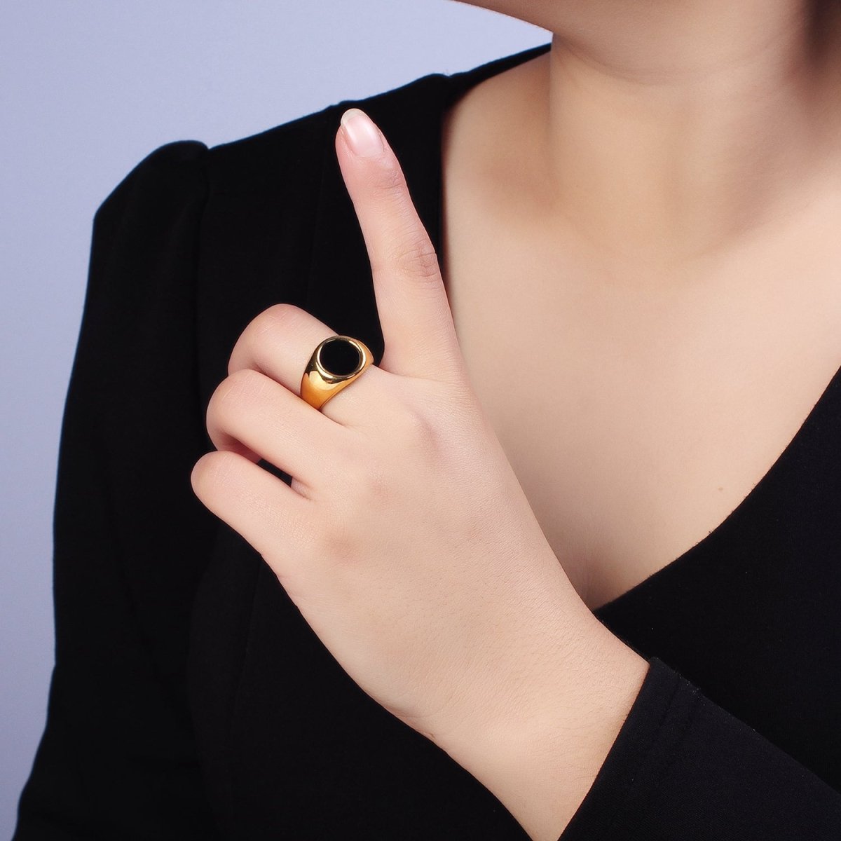 Stainless Steel Black Enamel Round Signet Ring in Gold & Silver | O-1681~O-1688