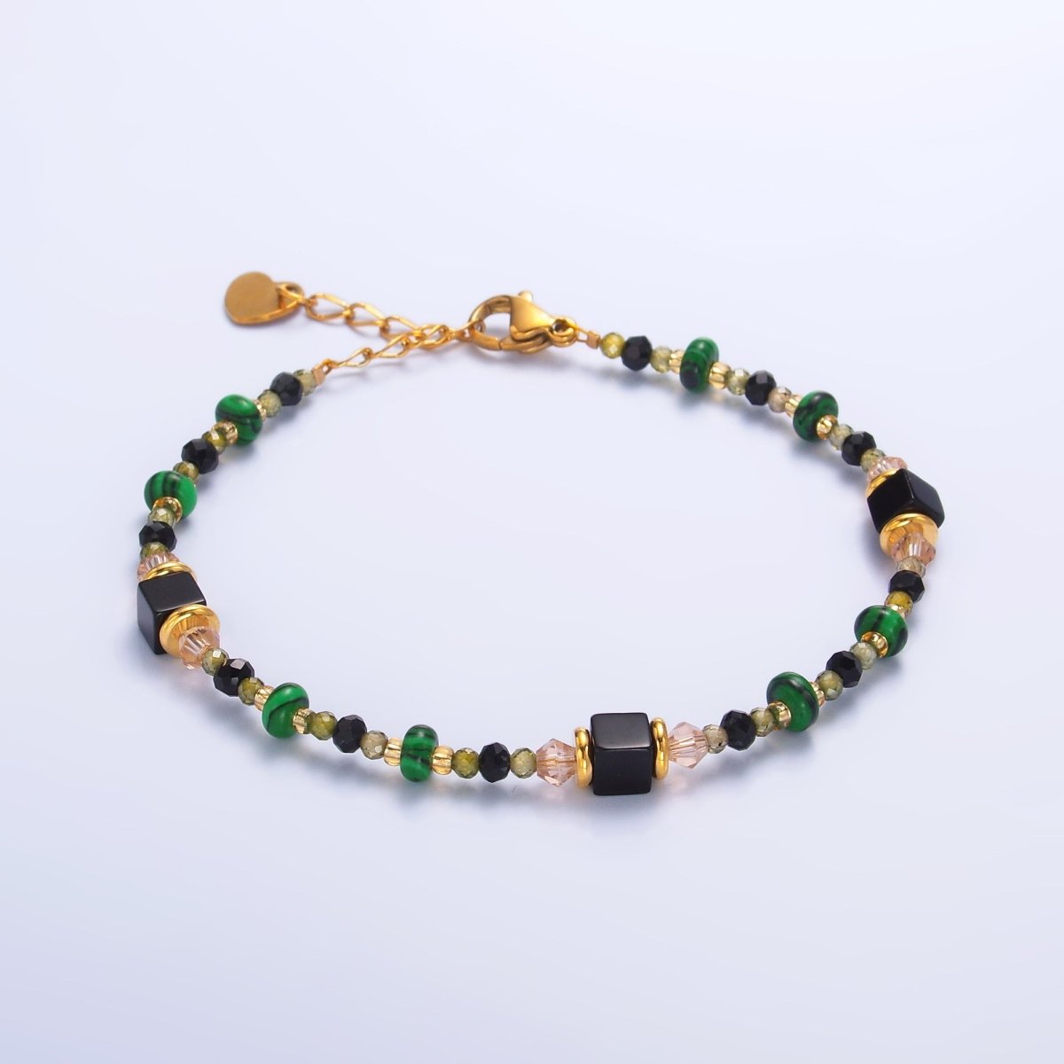 Stainless Steel Black Green Natural Gemstone 7 Inch Bracelet | WA - 3115 - DLUXCA