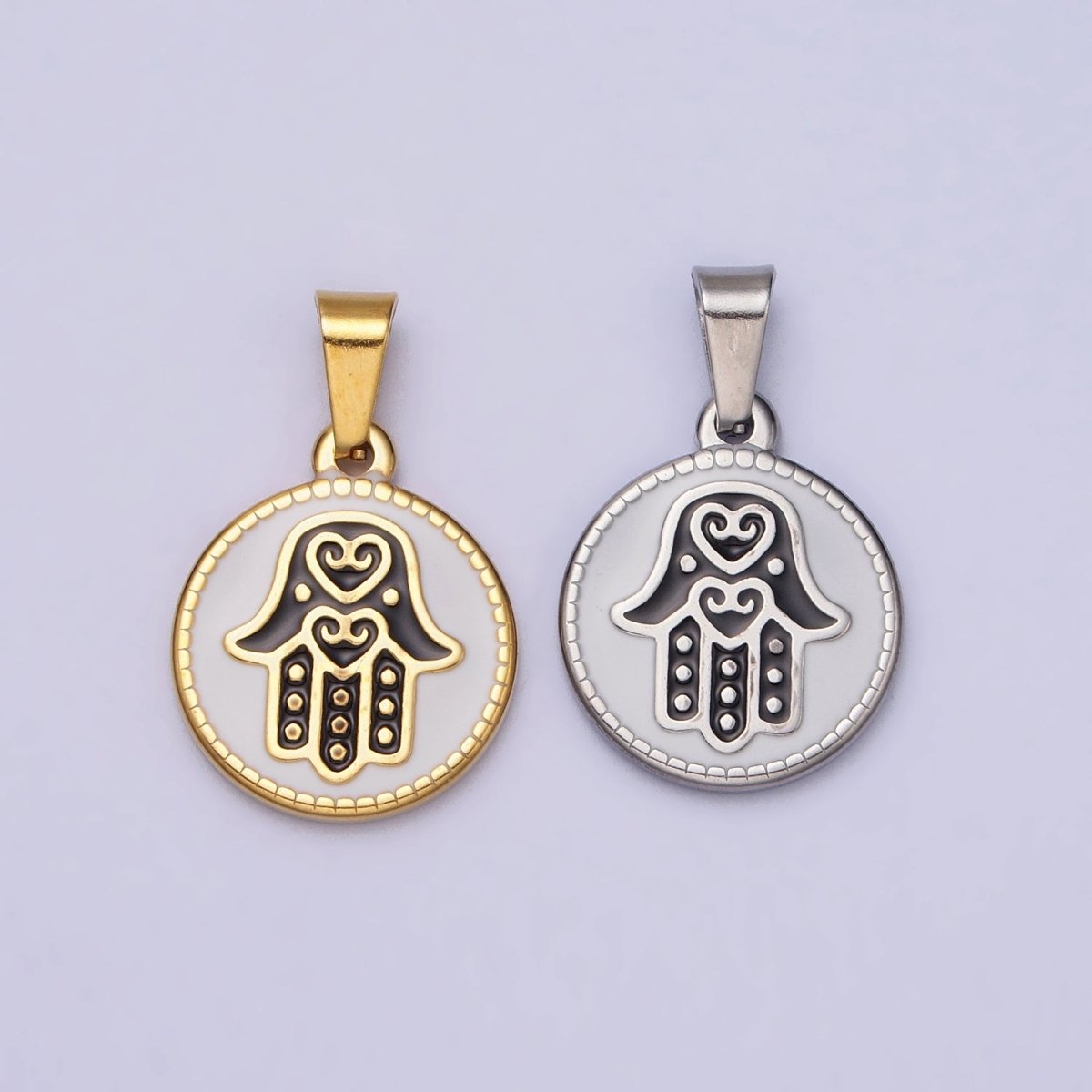 Stainless Steel Black Hamsa Hand White Enamel Round Pendant in Gold & Silver J-655 J-659