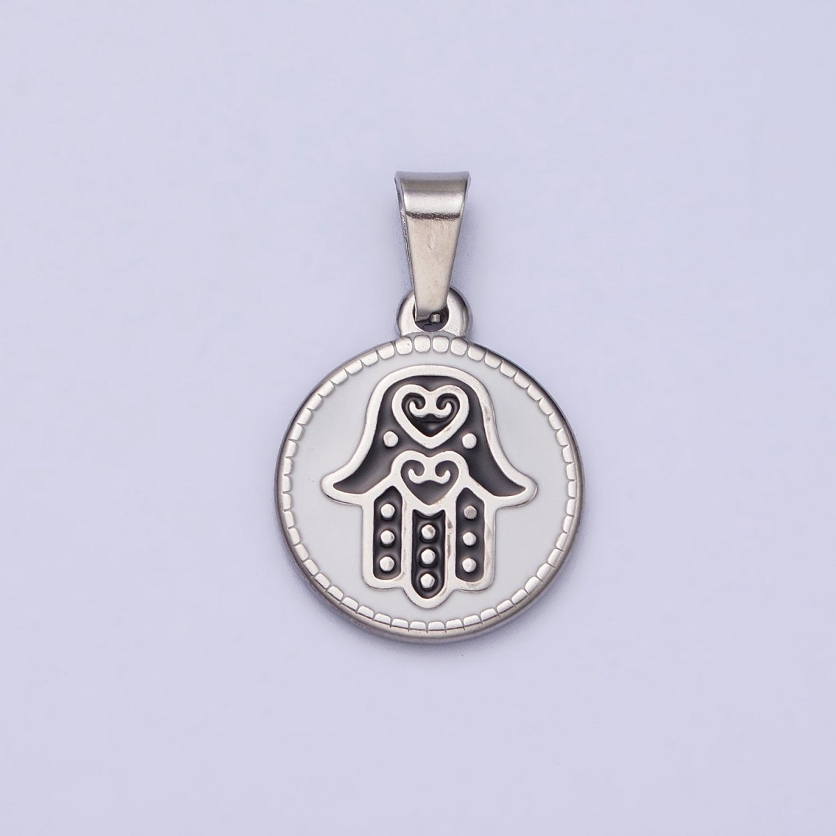 Stainless Steel Black Hamsa Hand White Enamel Round Pendant in Gold & Silver J-655 J-659