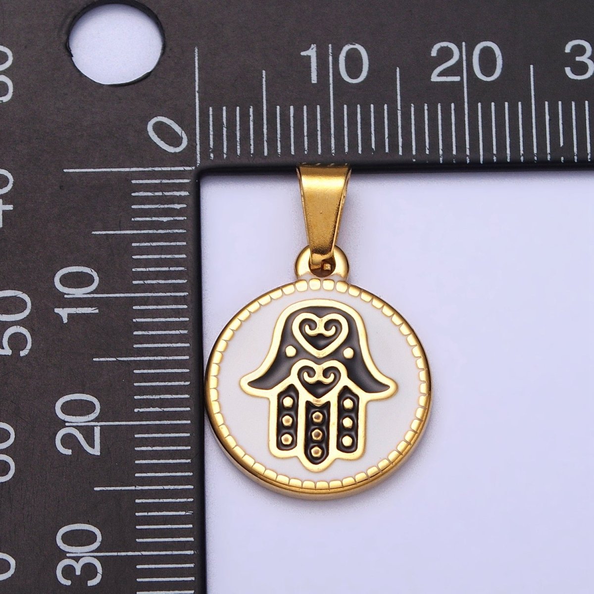 Stainless Steel Black Hamsa Hand White Enamel Round Pendant in Gold & Silver J-655 J-659