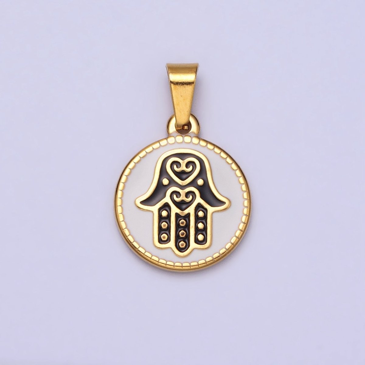Stainless Steel Black Hamsa Hand White Enamel Round Pendant in Gold & Silver J-655 J-659
