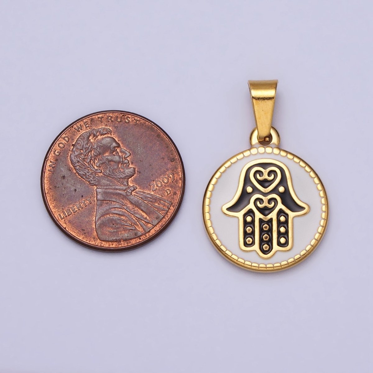 Stainless Steel Black Hamsa Hand White Enamel Round Pendant in Gold & Silver J-655 J-659