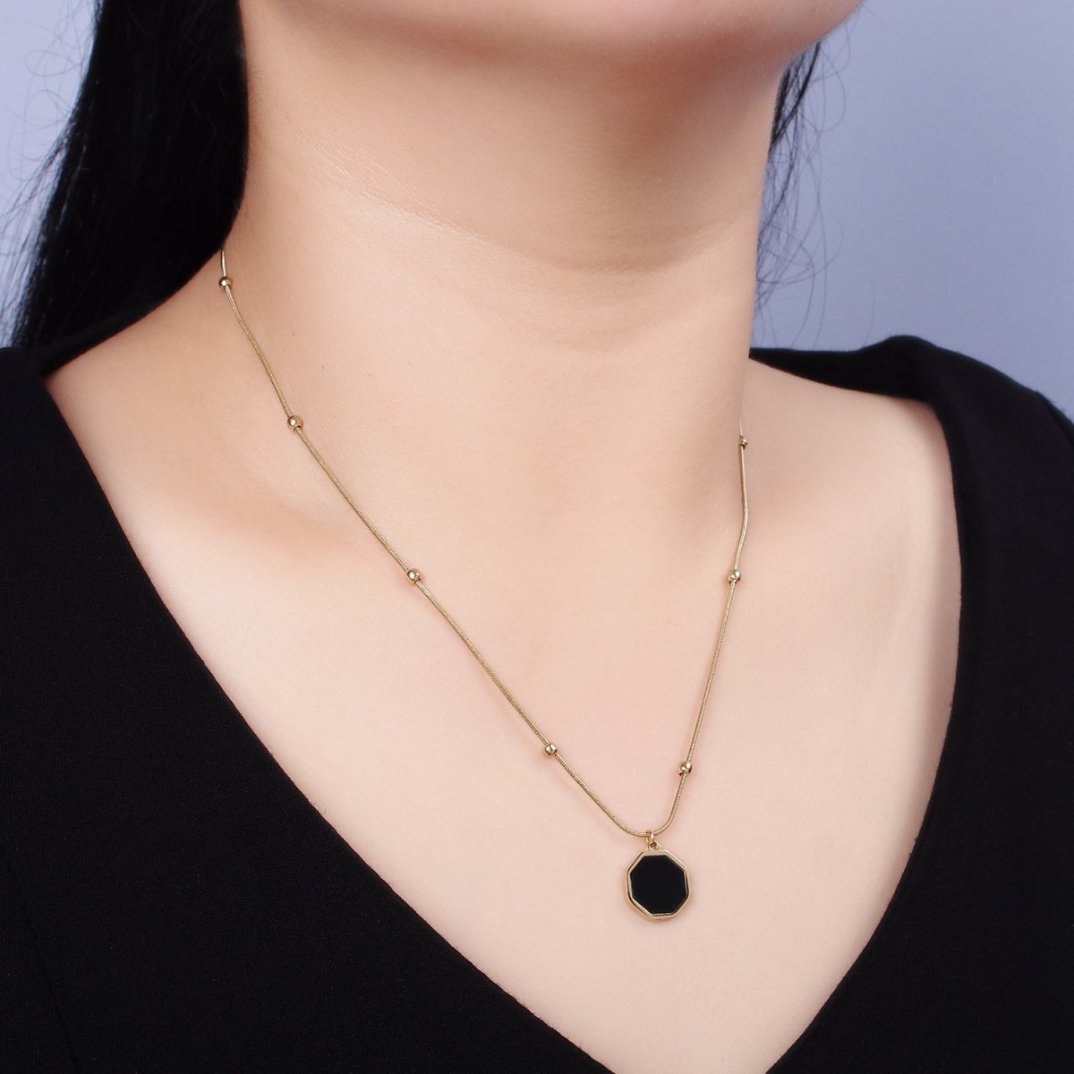 Stainless Steel Black Hexagonal Charm 17 Inch Satellite Snake Chain Necklace | WA-2035 Clearance Pricing - DLUXCA