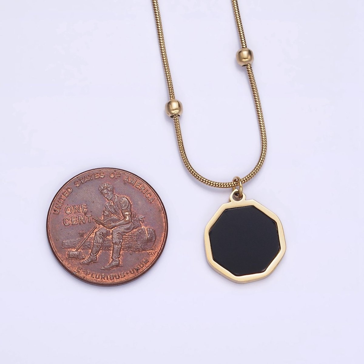 Stainless Steel Black Hexagonal Charm 17 Inch Satellite Snake Chain Necklace | WA-2035 Clearance Pricing - DLUXCA