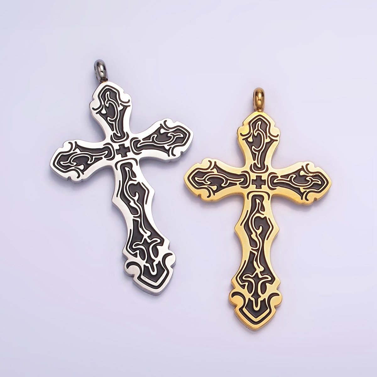 Stainless Steel Black Holy Spirit Sword Artisan Wave Baptism Passion Cross Pendant in Gold & Silver | P-667 ~ P-668