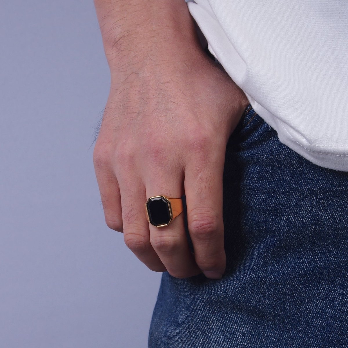Stainless Steel Black Onyx Edged Men Signet Ring in Gold & Silver | O1249 - O1254 - DLUXCA