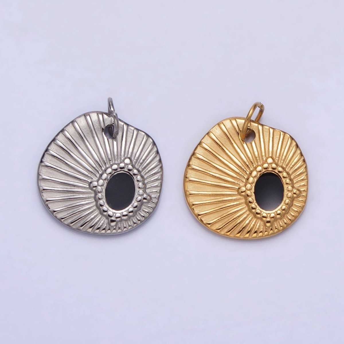 Stainless Steel Black Oval Abstract Sunburst Charm in Gold & Silver | P-1228