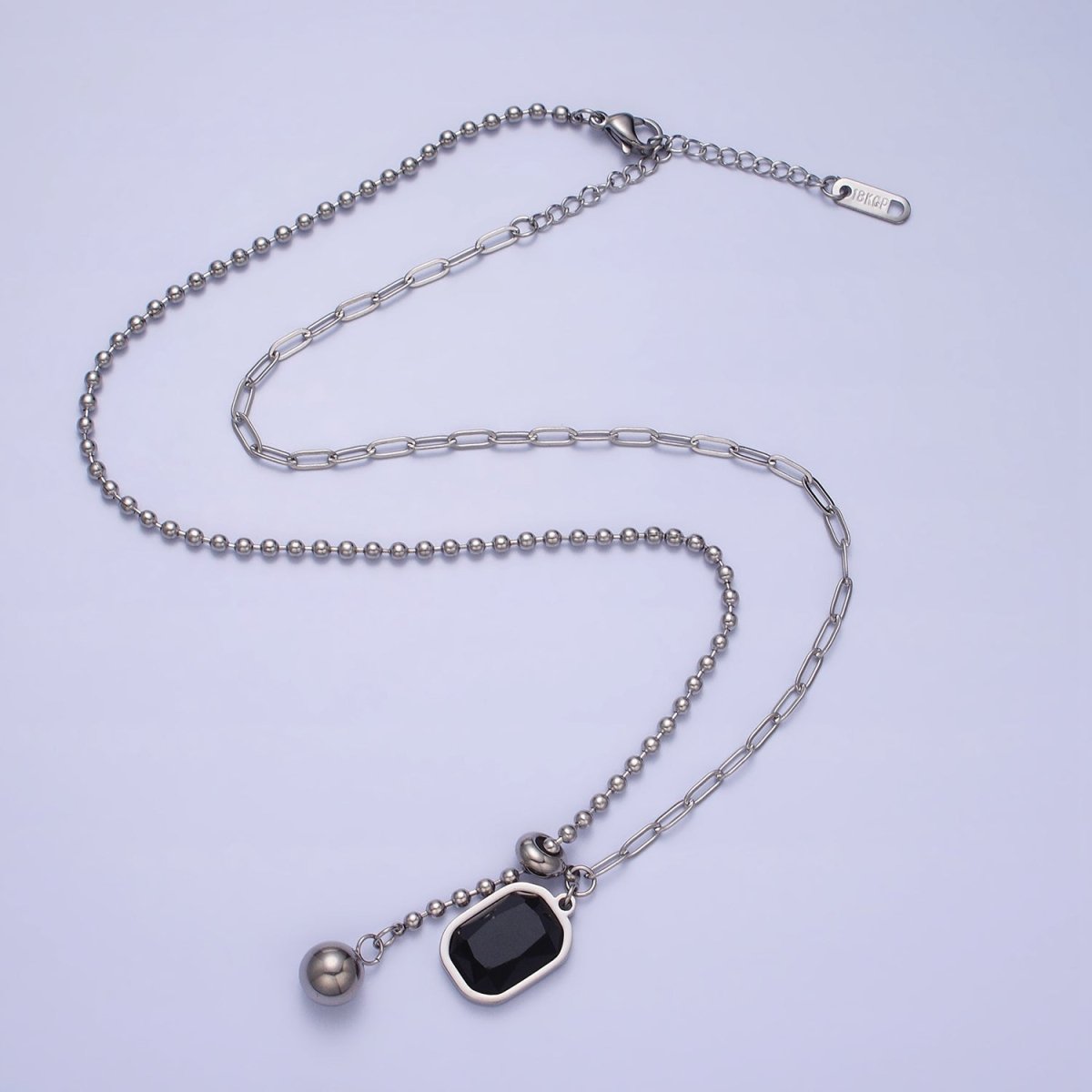 Stainless Steel Black Pendant Double Bead & Paperclip Chain Link 17 Inch Necklace in Gold & Silver | WA-1634 WA-1635 Clearance Pricing